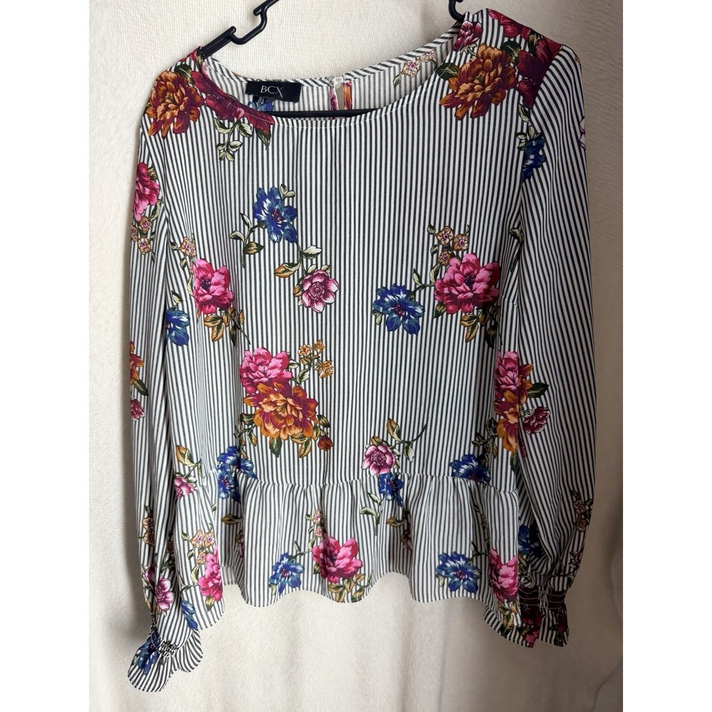 BCX Blouse Womens L Black White Stripe Floral Peplum Long Sleeve Ruffle Top
